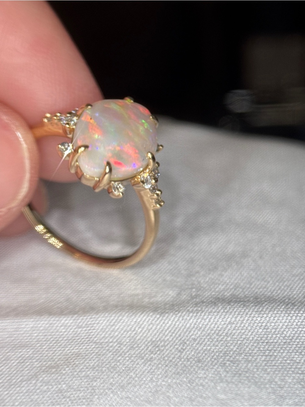 Australian Opal and Diamond Halo Ring in 14k Yellow Gold - Iridescent Opal - Picture 9 of 12